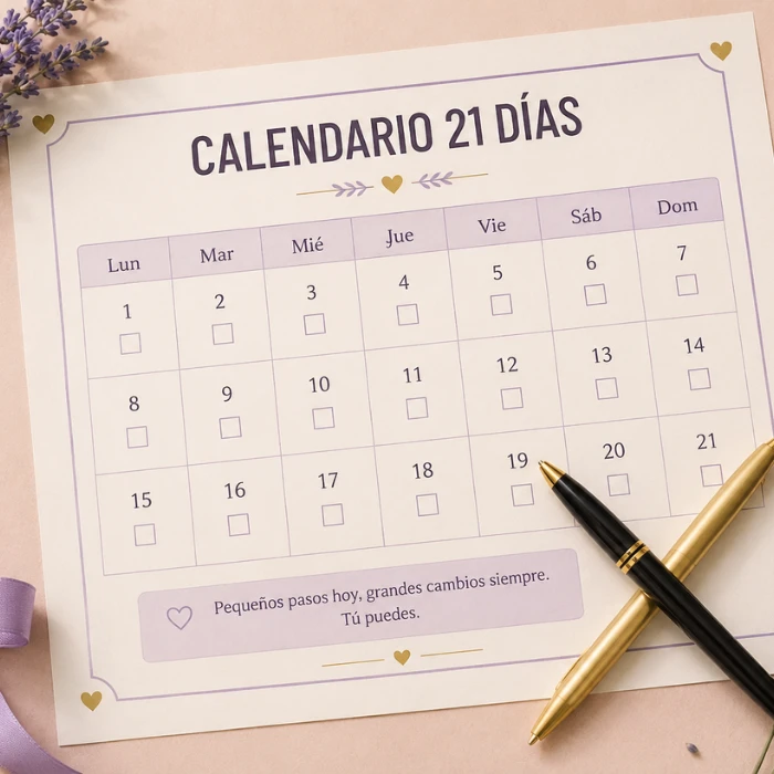 Calendario imprimible de 21 días con casillas para marcar cada avance