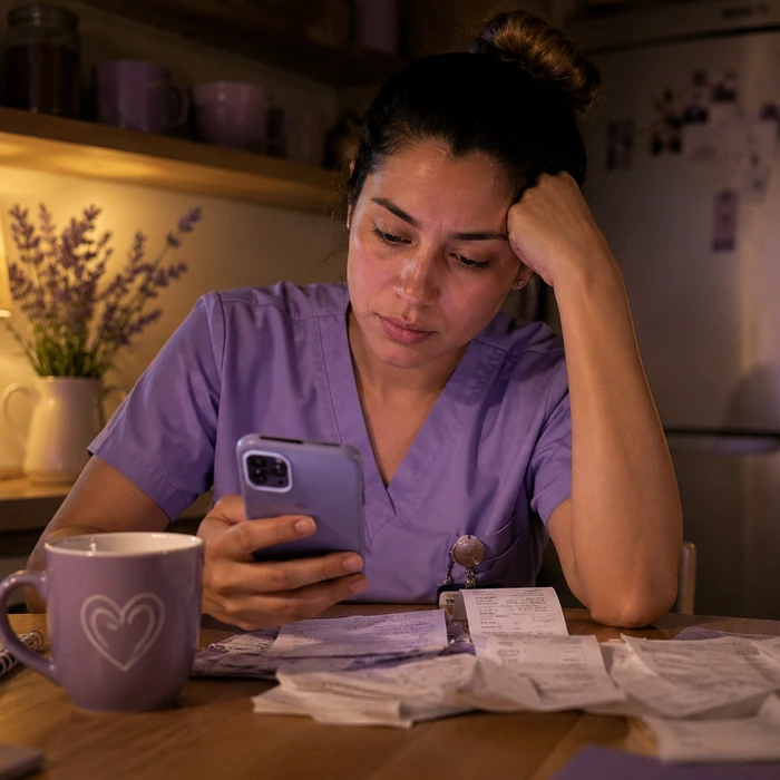 Enfermera cansada revisando sus gastos en el celular después del turno