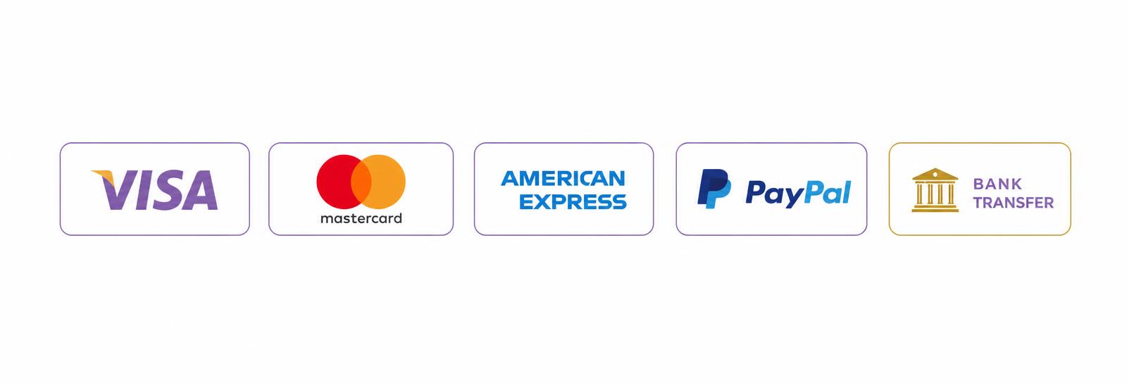 Métodos de pago aceptados: Visa, Mastercard, American Express, PayPal y transferencia bancaria